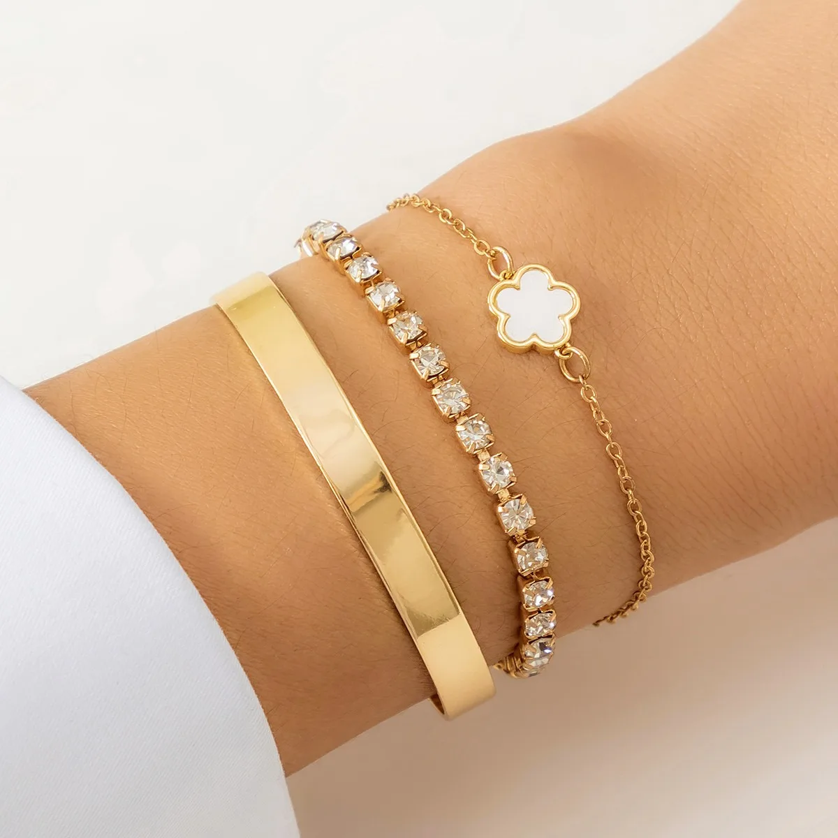 FTCY 3PCS Fashable Rhinestone Clover Pendant Bracelet Set For Women Trendy Geometric Link Chain Bracelet Set Jewelry Gifts
