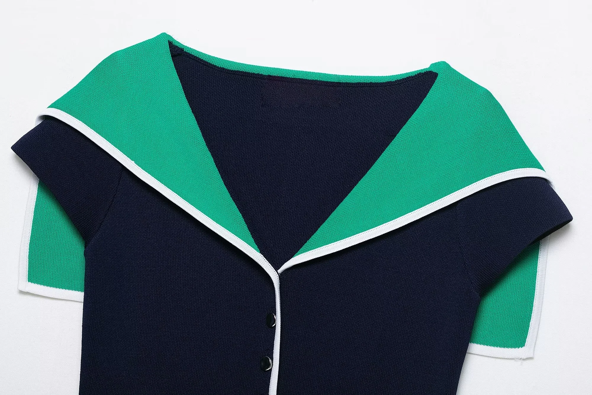 2025 estate da donna nuovo colore a contrasto cuciture moda casual bavero colletto blu scuro top corto lavorato a maglia
