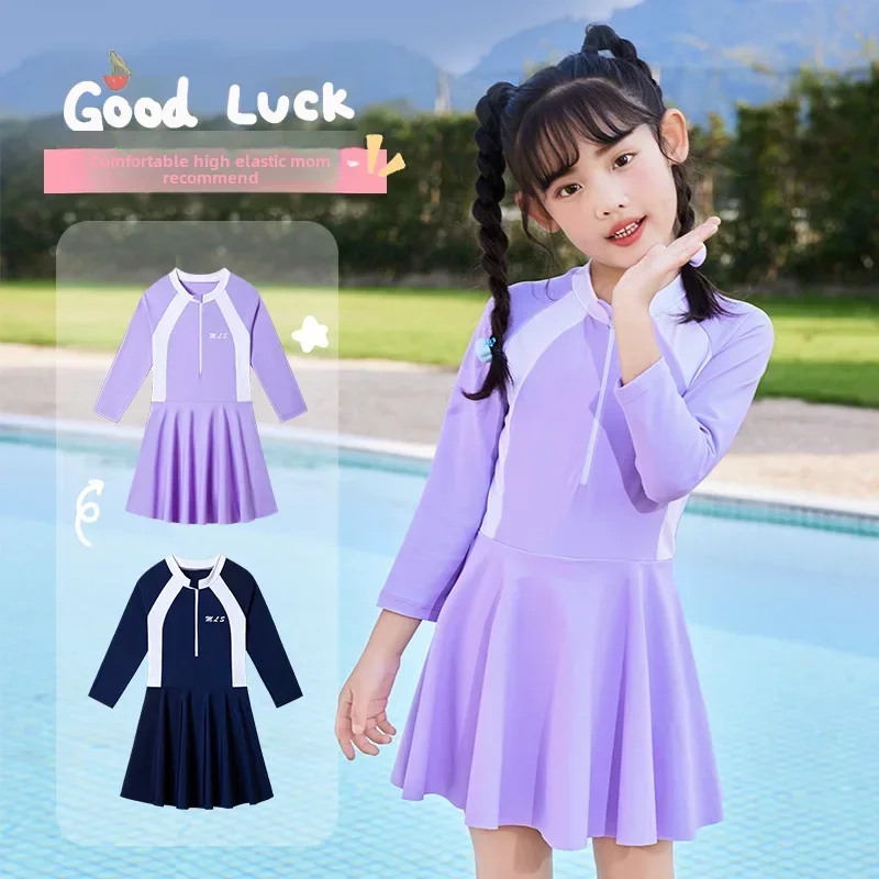 

Girls Long Sleeve Swimsuit One-piece Bathing Suit Student Training Swimwear Korean Style Elegant Children's Swimsuit
