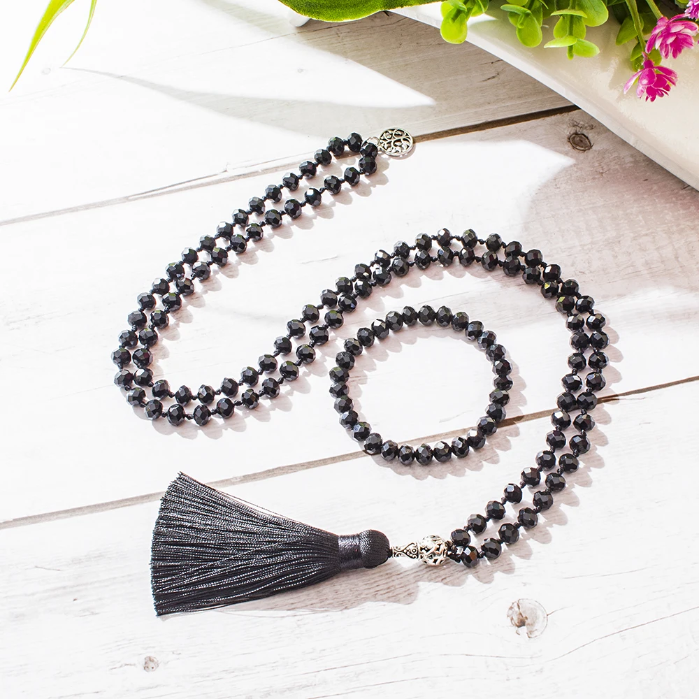 

8mm Faceted Black Crystal Beads Beaded Knot 108 Mala Necklace Meditation Yoga Prayer Japamala Jewelry Set for Women and Men