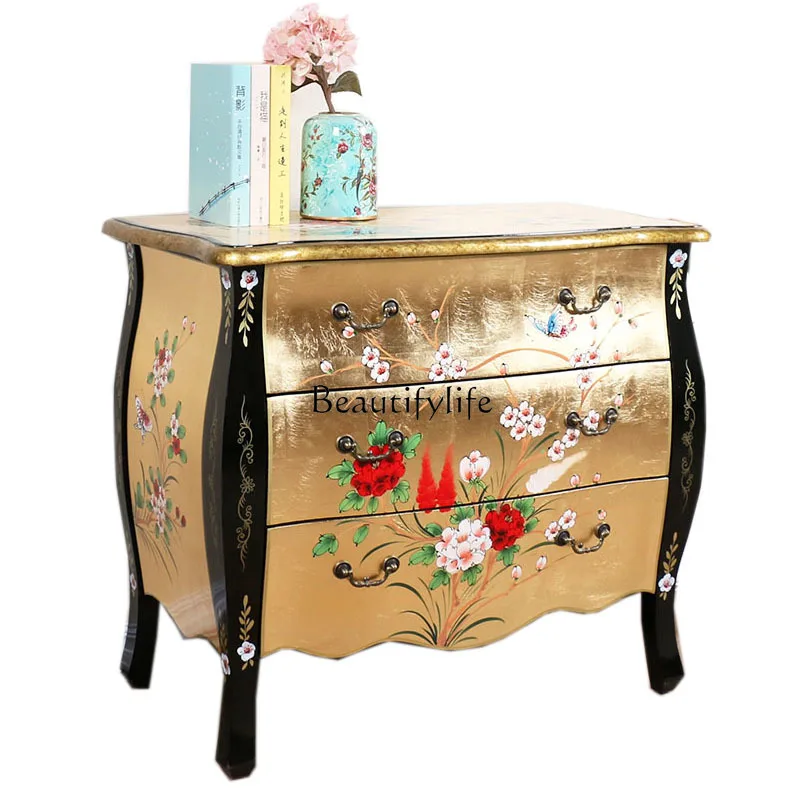 

44New Chinese Style Solid Wood Hand Painted Bedside Table Gold Foil Bedroom Storage Partition Locker