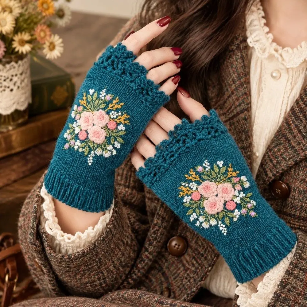 Vintage Embroidery Knitted Gloves Half Finger Embroidered Floral Winter Wool Gloves Korean Style Warm Crochet Flower Mittens