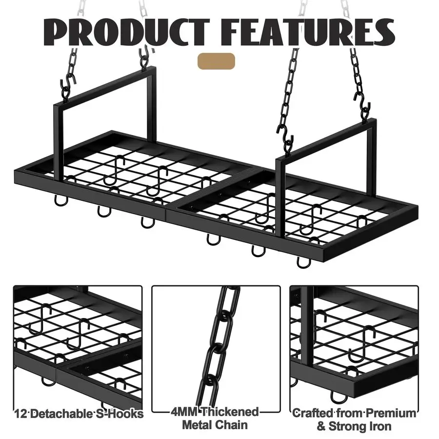 Pot Rack, 31Inch Pot Hanger for Kitchen, Ceiling Mounted Pot Rack with 12 Detachable S Hooks, Sturdy Metal Cookware Organizer fo