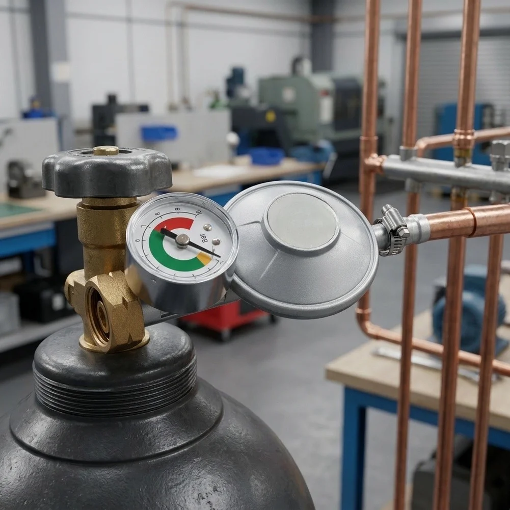 30 For mbar Zinc Alloy and Copper Pressure-Reducing Valve with Onboard Pressure Gauge for Safety-Critical Environments