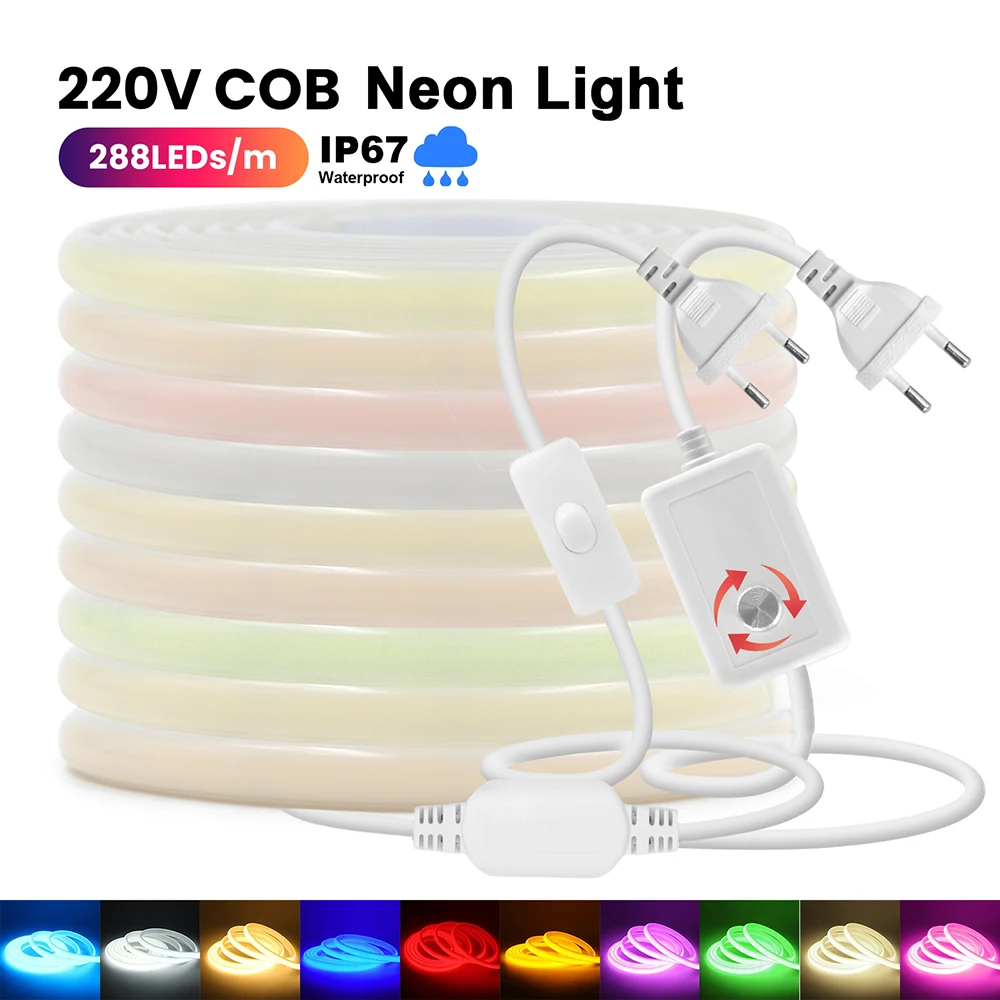 Flexible Neon Strip Led Cob 220V Dimmer Switch EU Power Kit 288LED Warm White Ice Blue Pink Purple Yellow 5m 10m 20m 30m 0.5m 1m