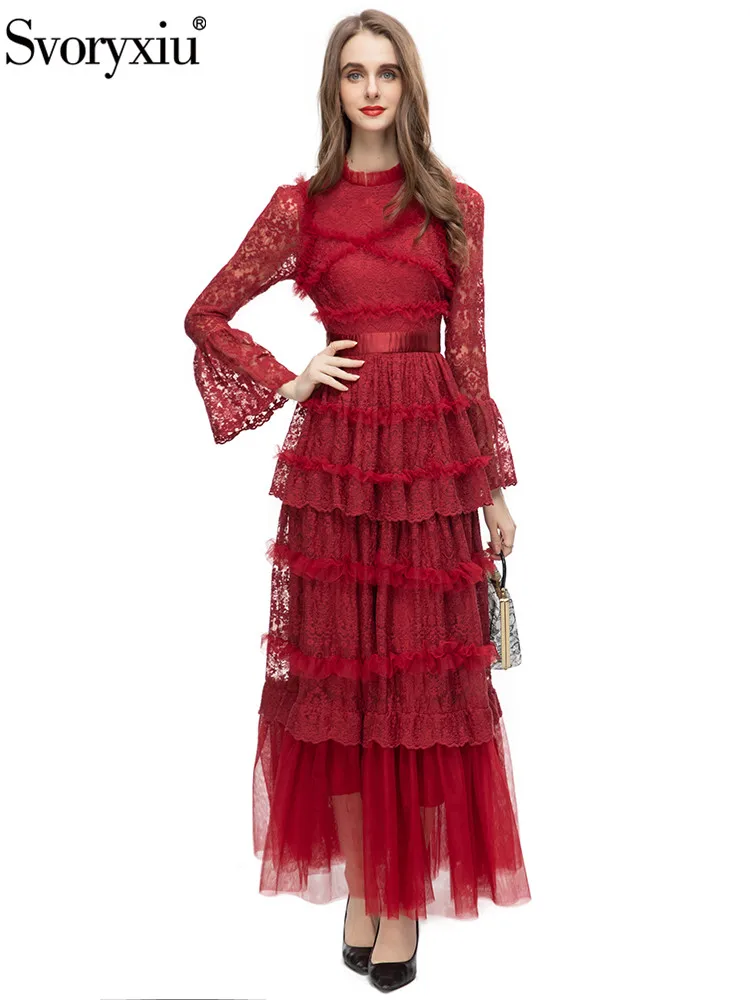 

Svoryxiu New Runway Designer Spring Vintage Red Color Ankle-Length Dress Women's Flare Sleeve Lace Ruffles High Waist Dress