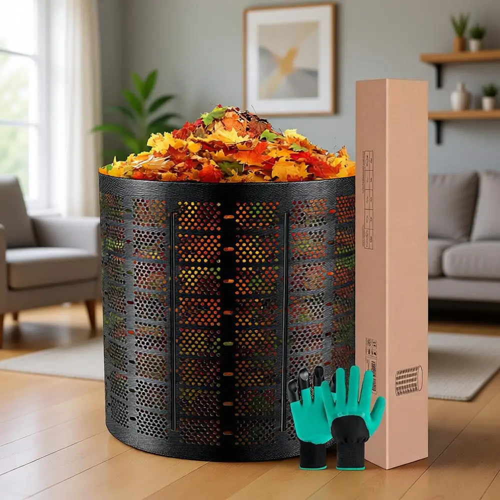 

Expandable 300 Gallon Compost Bin, Easy Setup, Ideal for Large Yards, Black with Gloves