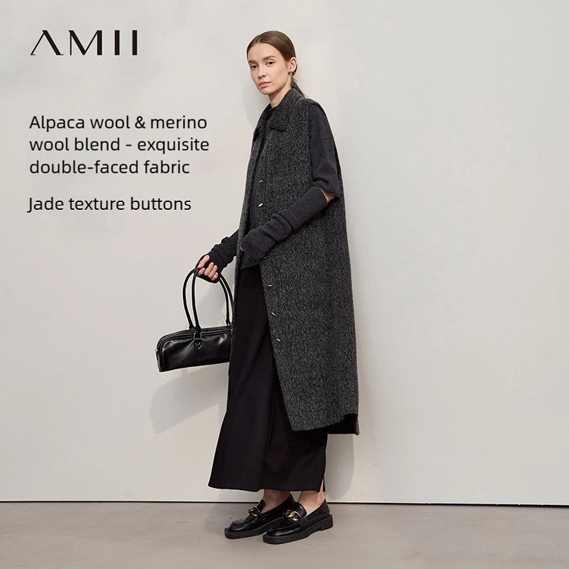 

AMII женское шерстяное пальто без рукавов, новинка зимы 2025, жилет с лацканами, шерстяное двустороннее шерстяное пальто, женский теплый универсальный топ 12554069
