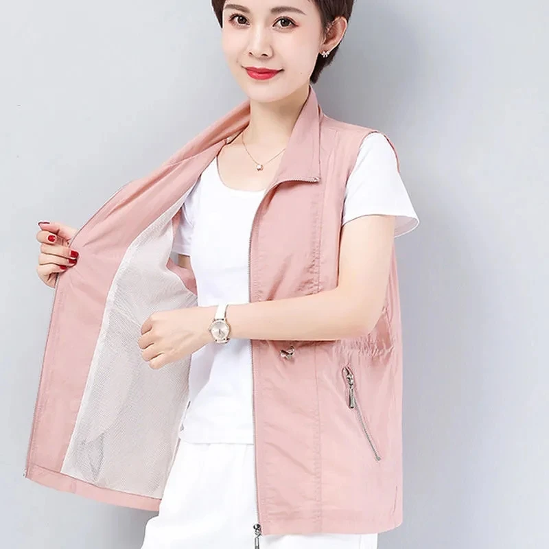 

4XL Double Layer Women's Vest Summer Waistcoats Stand Collar Thin Sun Protection Vest Middle aged Female Sleeveless Jacket