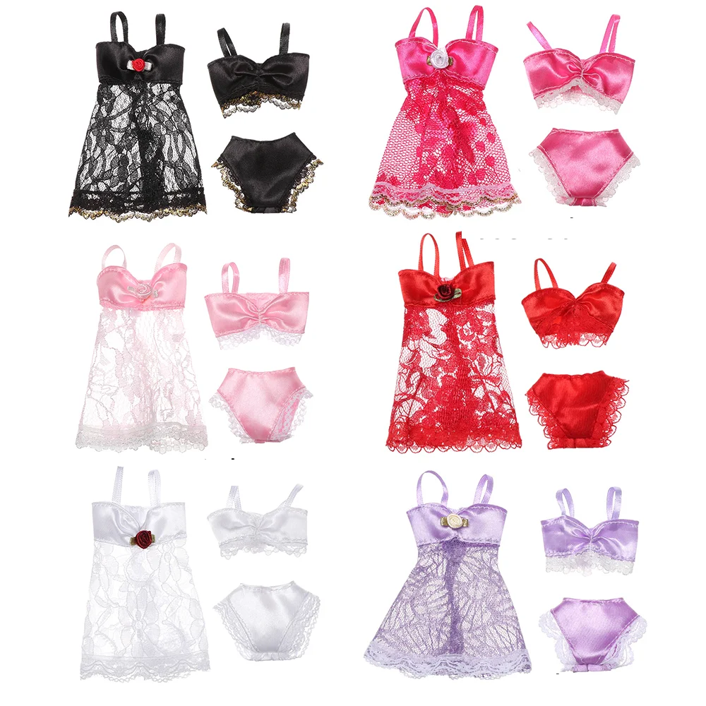 1Set Doll Clothes Sexy Doll Pajamas Lace Lingerie Bra + Underwear + Night Dress Nightwear Bikini Clothes 1/6 Dolls Accessories