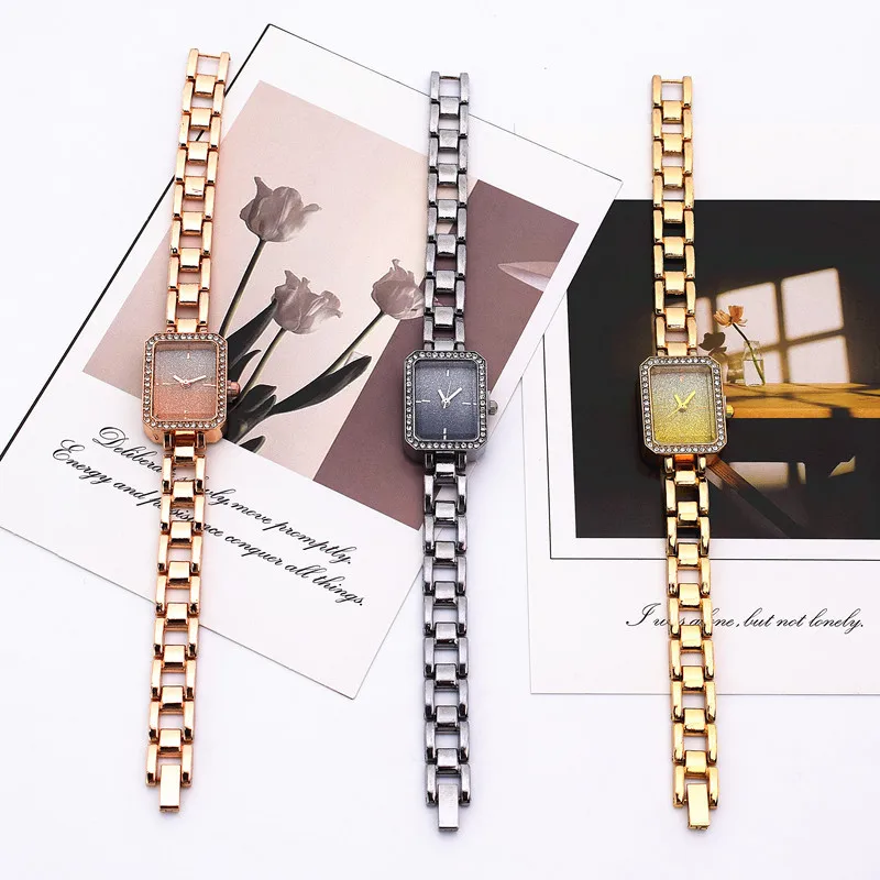 Jam Tangan Wanita Bermerek Mewah Jam Tangan Kuarsa Wanita Desain Minimalis Kristal Persegi Modis Jam Tangan Baja Tahan Karat Reloj Mujer