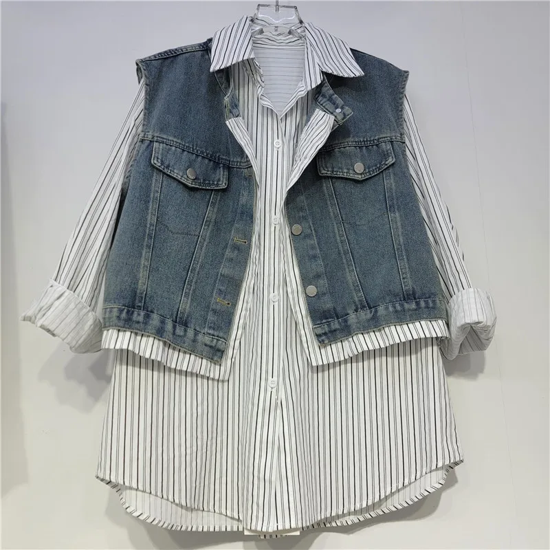 SuperAen-Chaleco vaquero corto de estilo coreano para mujer, camisas holgadas a rayas Vintage simples con cuello de solapa nueva, otoño 2025