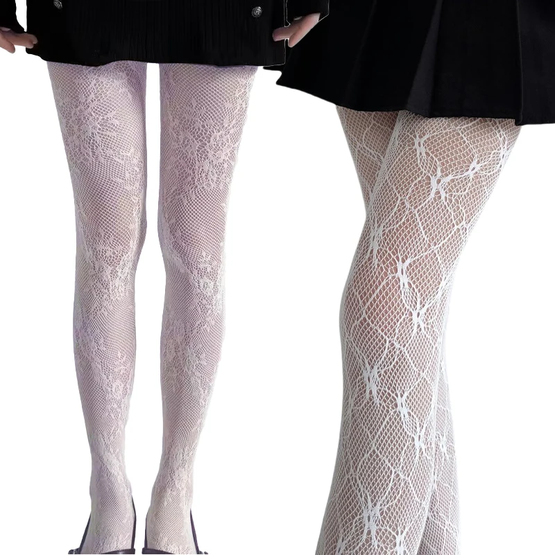 Hochzeit weiße Strümpfe Brautstrumpfhose Blumen Nylon Netzstrumpfhose weiße Spitzenausschnitt Netzstrumpfhose für Frauen Y2K Plus Size