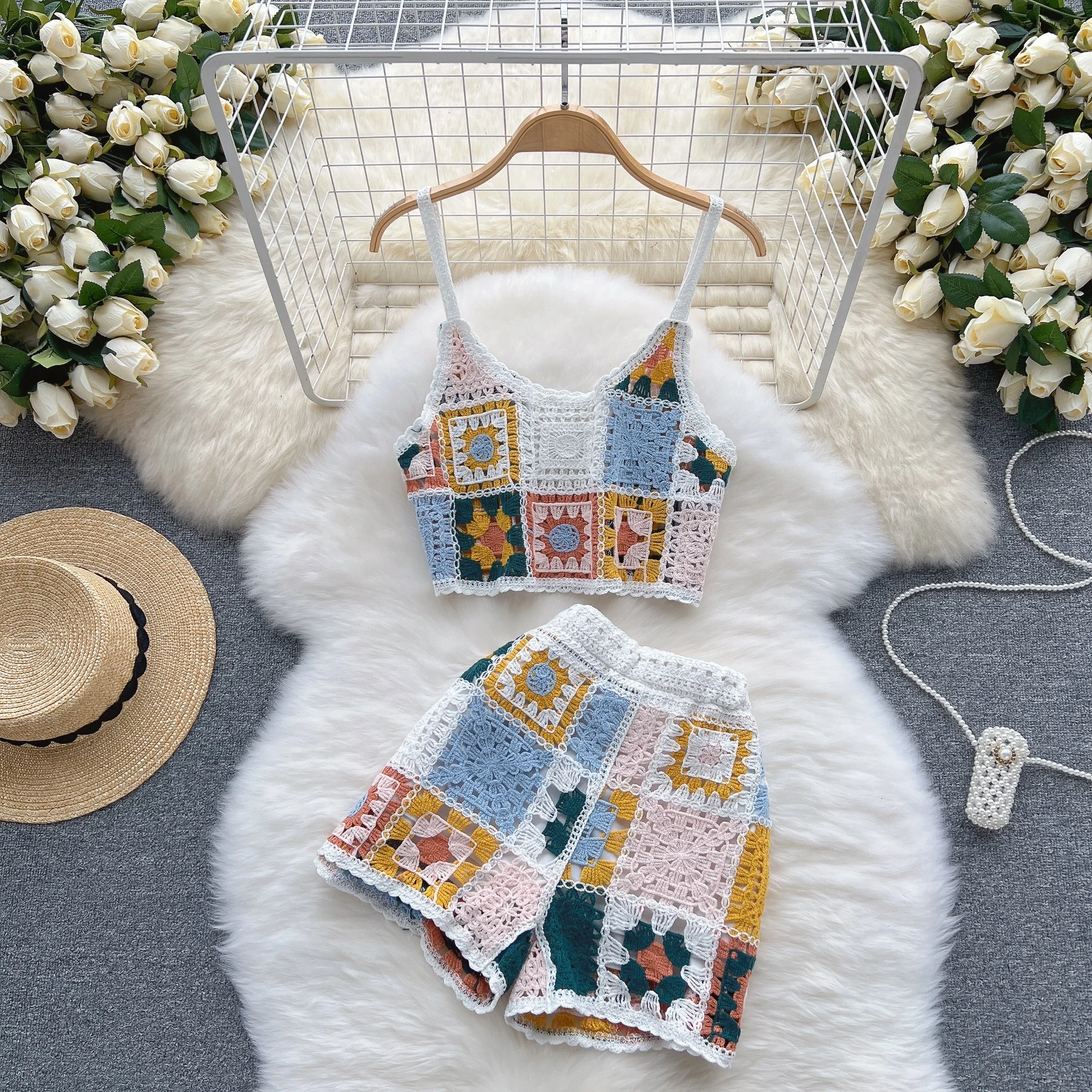 

Handmade Knitted ort Crop Top Women's Vest Hollow out Cover up Two Piece Set Trendy Summer Faion Polyester Material