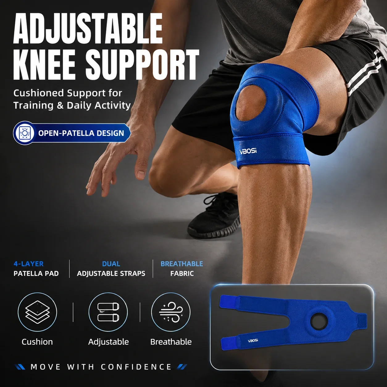 1PC Professional Knee Brace With Spring Support Adjustable Open Patella Knee Support Pad For Running Basketball Hiking Cycling