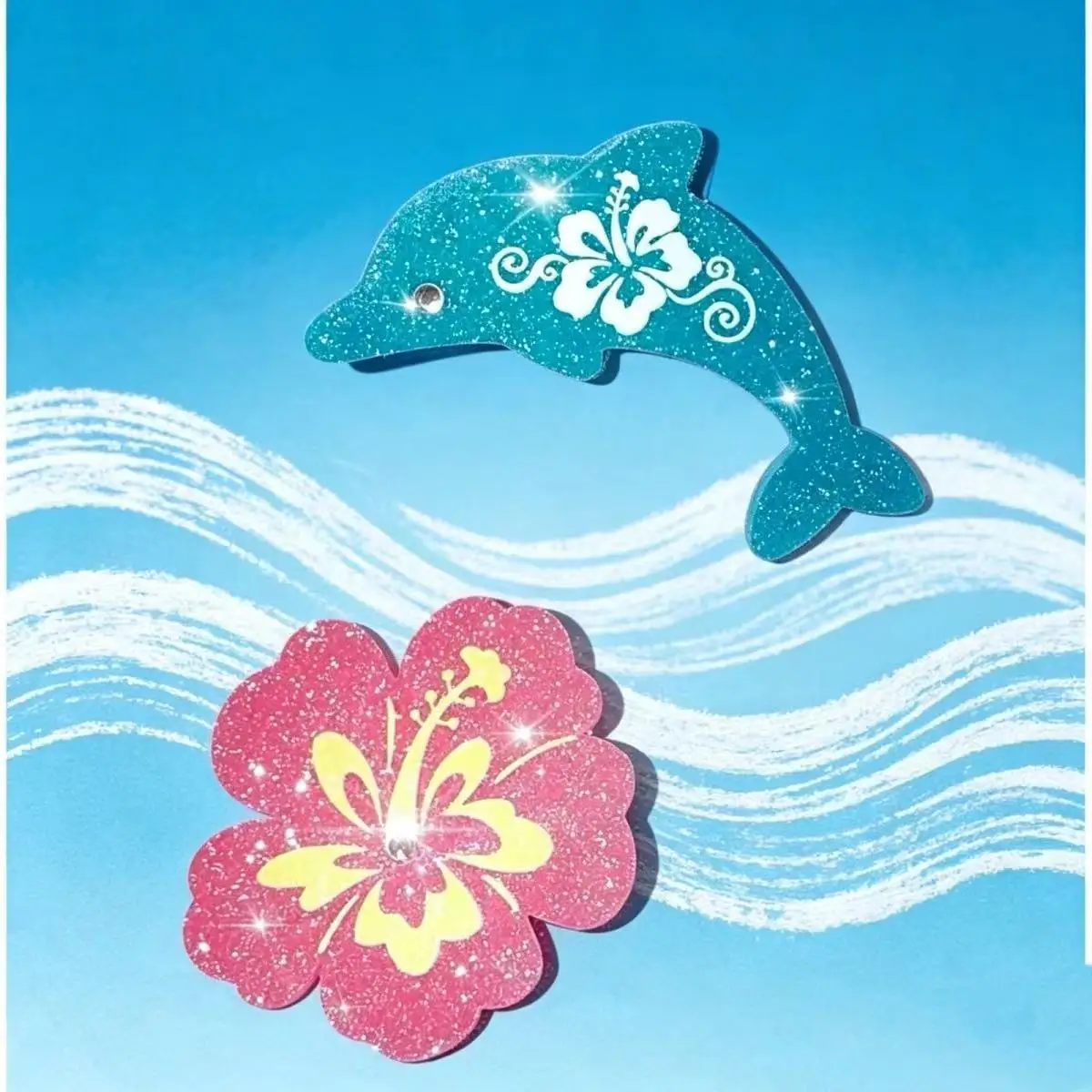 INS Delfin Tier-Haarspangen-Set Glitzernde Blaue Delfin- & Rosa Hibiskusblüten-Haarspangen mit Tropischem Design Haarschmuck