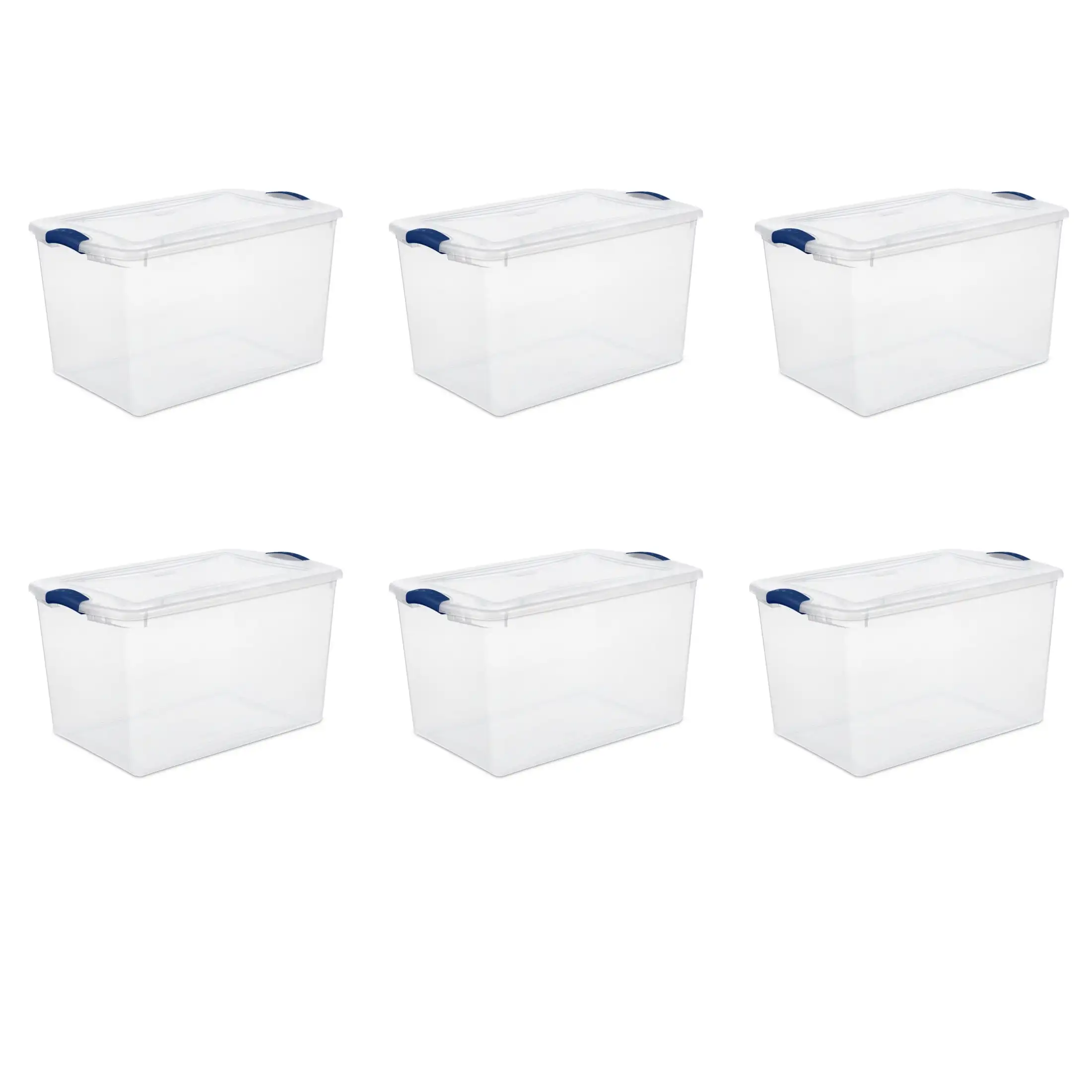 

66 Quart Clear Plastic Storage Container with Latch Lid, Blue, 6 Pack
