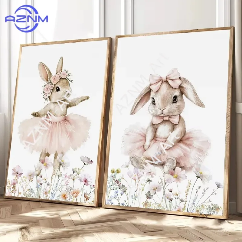 1/2pcs Bunny Ballerina Wildflower Poster Prints Pink Gingham Floral Rabbit Canvas Painting Wall Art for Baby Girl  Home Decor
