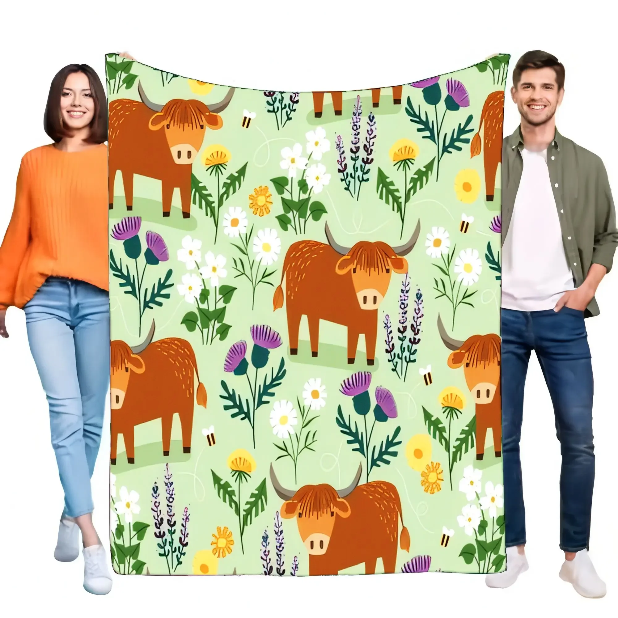 Cute Highland Cow Blanket Soft Floral Throw for Home Decor, Cozy Lightweight Bed Sofa Cover, Perfect Gift for Animal Lovers and