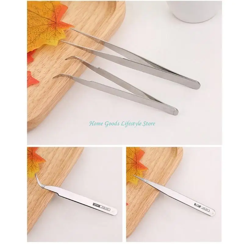 E74E Essential 6Piece Stainless Steel Tweezer Set Bent Straight Tweezers Repair Tool