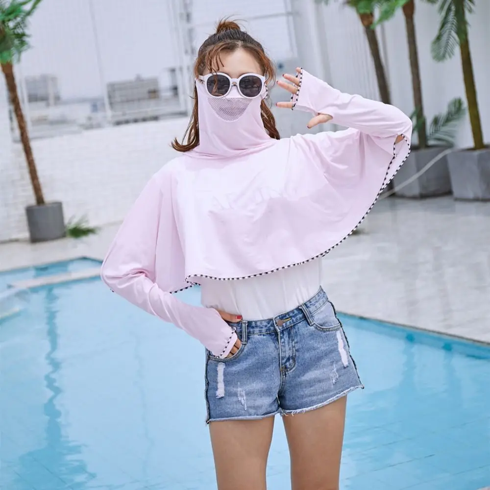 

Solid Color Sunscreen Clothing Cloak Long Sleeve With Mask Veil Hooded Sun Protection Clothes UV Protection Breathable