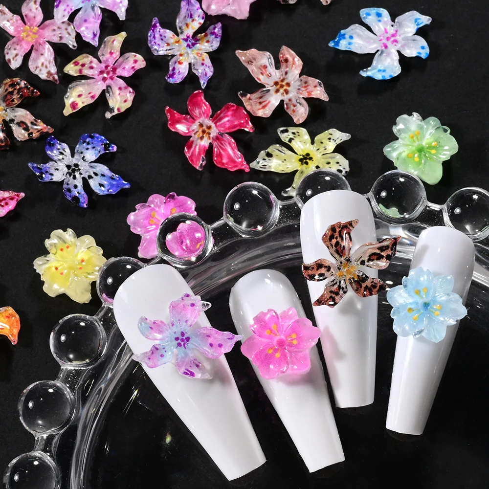 12Grids Ice Crystal Gradient Cherry Nail Art Charms 3D Transparent Sakura Flower Nail Decor Flatback Jelly Flower Nail Ornaments