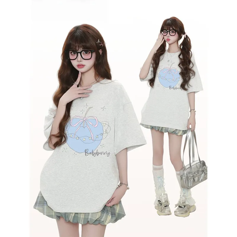 Korean Cartoon Apple 3D Printed Short Sleeved Women's Summer Sweet and Cool Style Versatile Quick Drying Top Trend