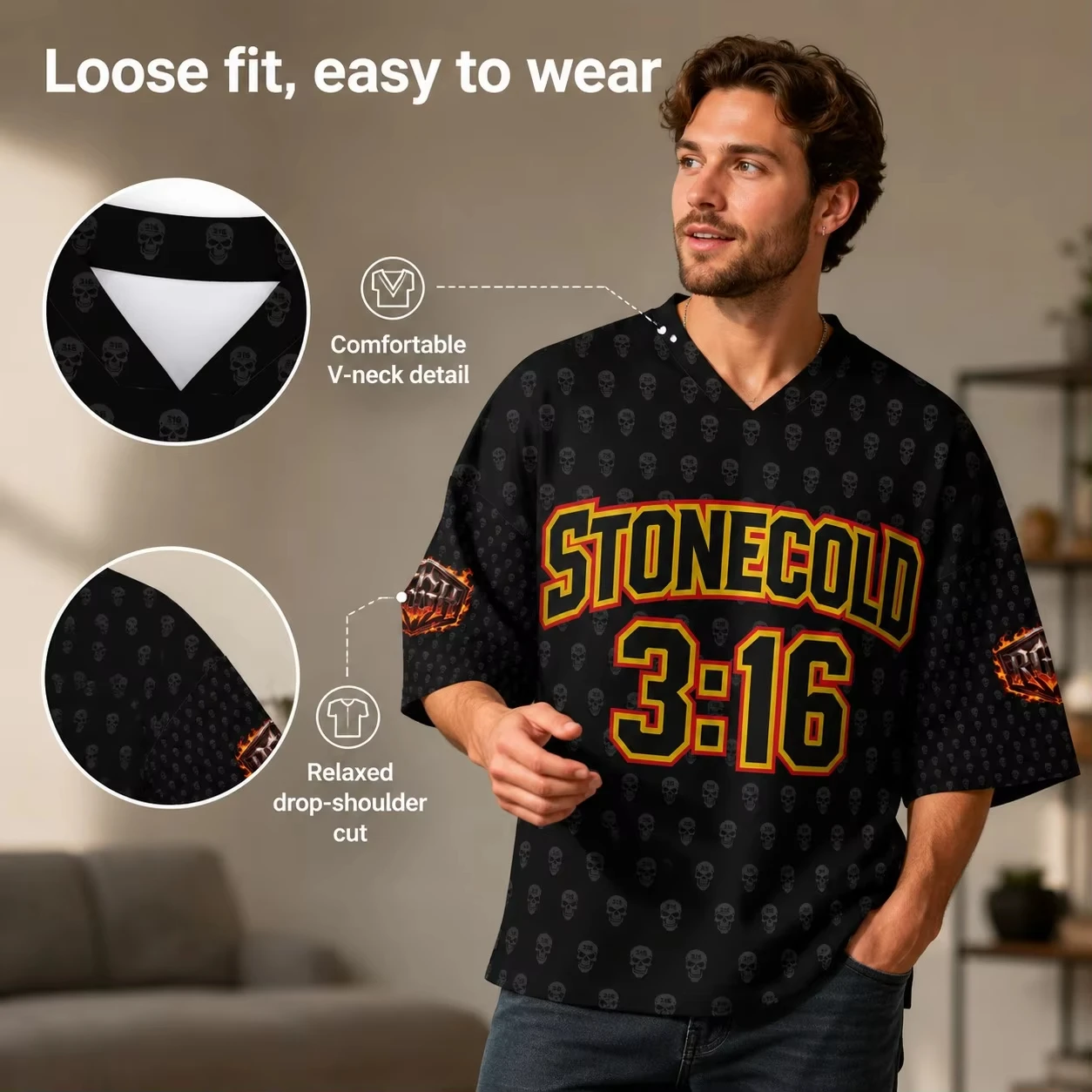 Men's Cold Stone 316 Wrestling T-shirt Austin Skull Full Print V-neck Off Shoulder Loose Rock Casual Wrestling Fan T-shirt 2026