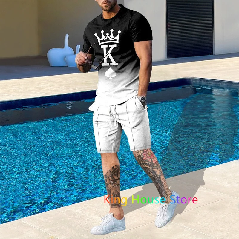 Men Oversized Tracksuit 2 Piece Sets King K Print Sports Short Sleeve Sportwear Summer Casual Outfits Suits Male Clothes
