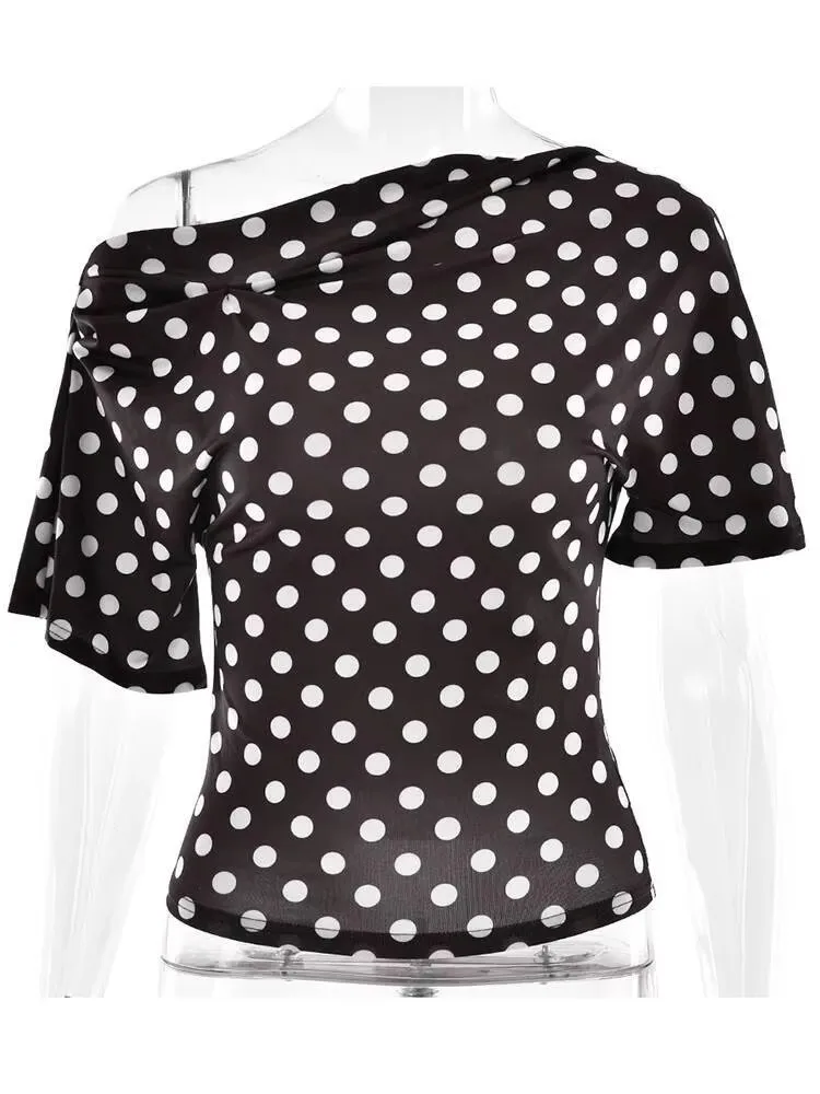 Fantoye مثير واحد الكتف المطبوعة البولكا نقطة المرأة تي شيرت القهوة عادية Y2k تي شيرتات قصيرة الاكمام الصيف سليم موضة الشارع الشهير #4