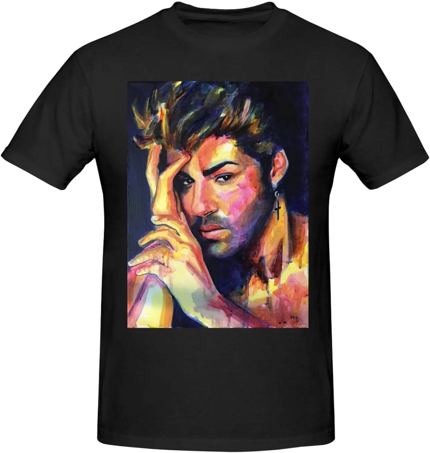 T-Shirt à Manches Courtes et Col Ras du Cou pour Homme, Estival et Décontracté, en Coton, Noir, avec George Music Michael