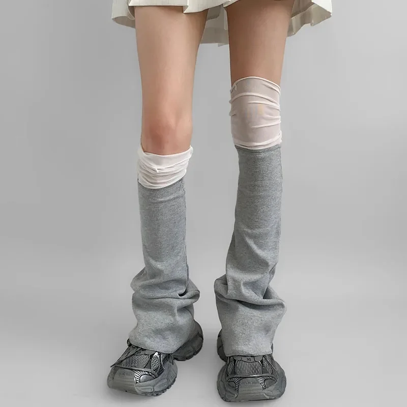 Korean Mesh Patchwork Cotton Leg Warmers Japanese Harajuku Solid Color Pile Socks Mid Tube Socks Cool Over Knee Flare Leg Socks