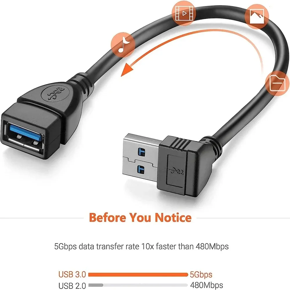 0.2M 90 Degree USB 3.0 Extension Cable Up/Down/Left/Right Angle A Male to Female 5Gbps Data Cord for Laptop Hub PC Printer PS3/4