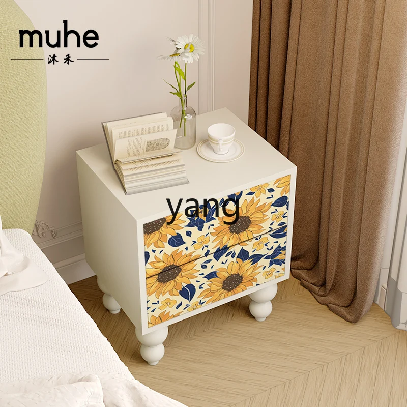 LMM Cream Style Cozy Sunflower Room Chest of Drawers Bedroom Solid Wood Bedside Table