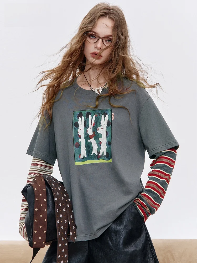 

Elfsa Fairy ket Trister Print Long Sve T-irt Women's Autumn Top Fake Two-Piece Patchwork Casual Loose Fit Polyester
