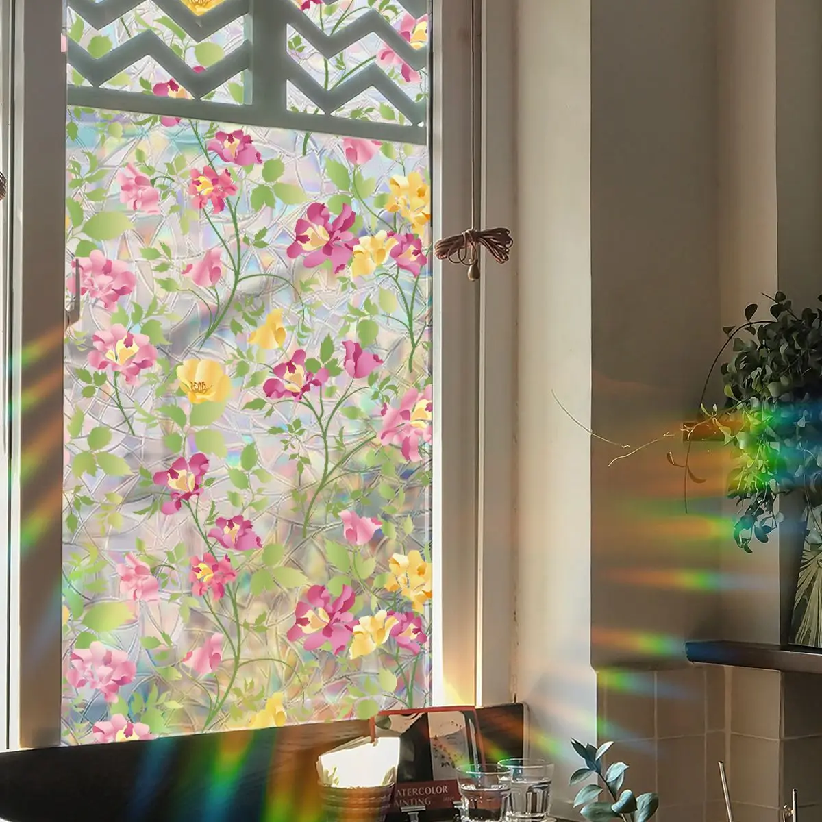 Statisch haftender Dekor-Fensterfolie, lebendige Pflanzenblume, Buntglas-Fensteraufkleber, Aufkleber, Sonnenschutz, Fensteraufkleber für Zimmer und Küche