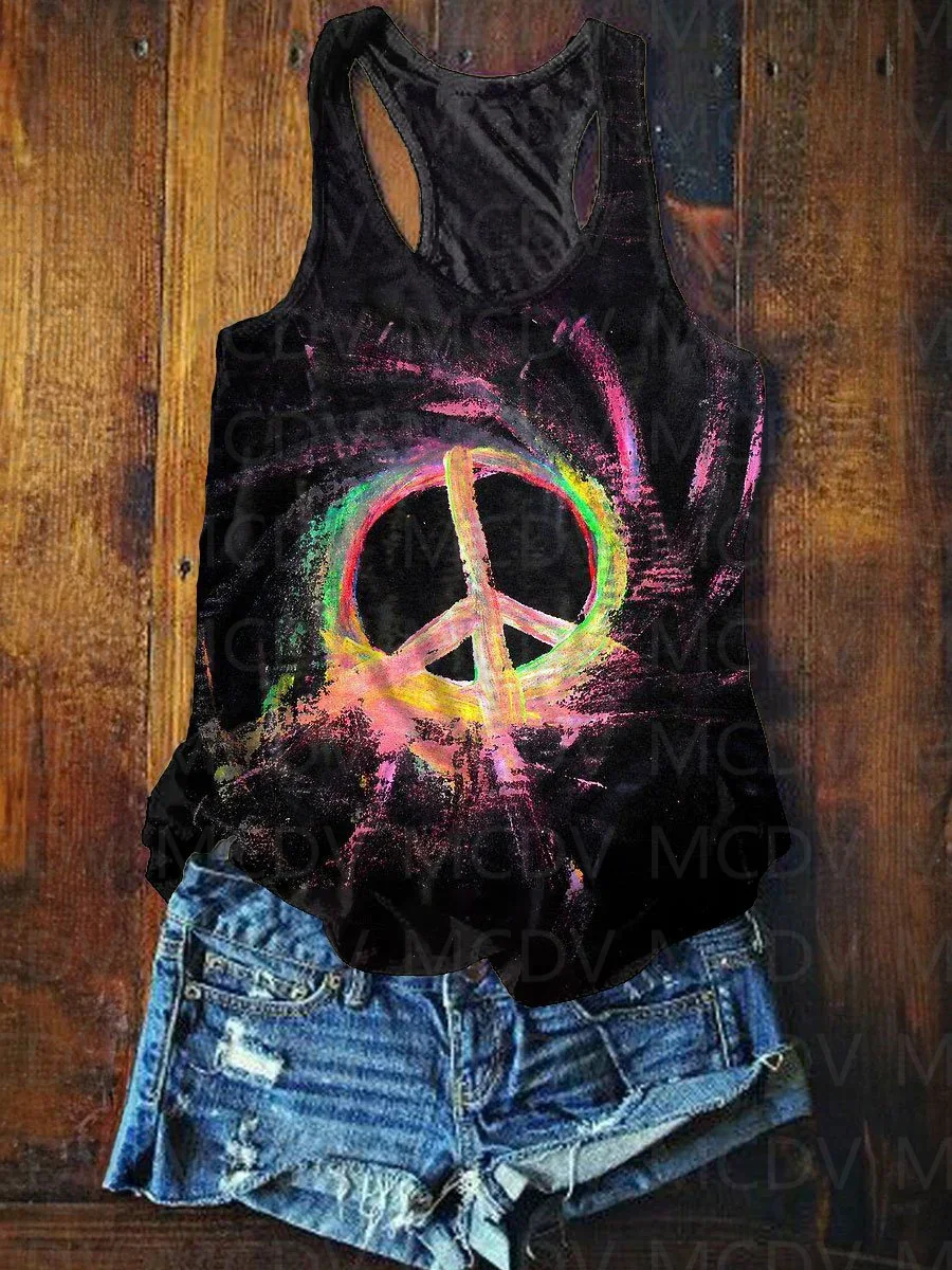 Women's Colorful Tie-Dye Anti-War Peace Sign Print Tank Top Summer Sexy Tank Top