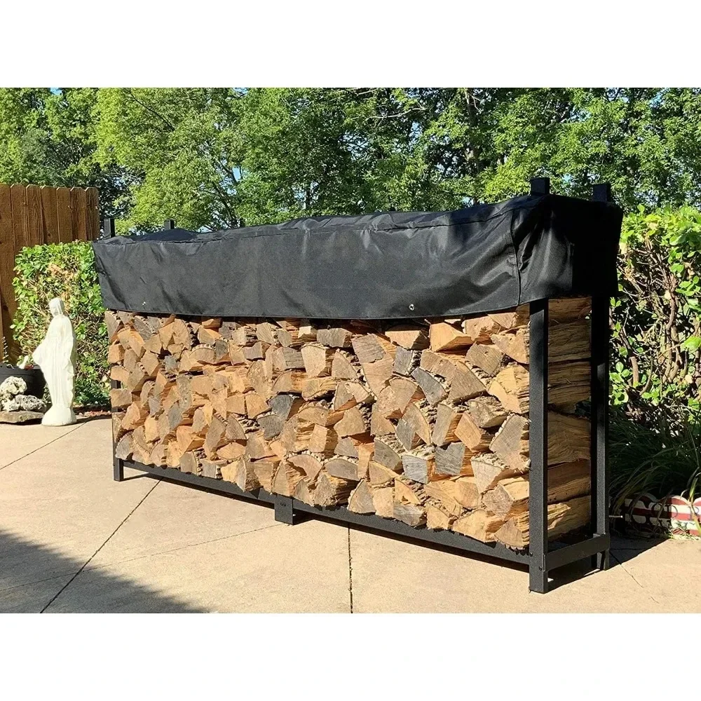 8 Foot 1/2 Cord Firewood Log Rack With Optional Cover Outdoor Black Texture Powder Coat Finish Made With Heavy Duty Steel