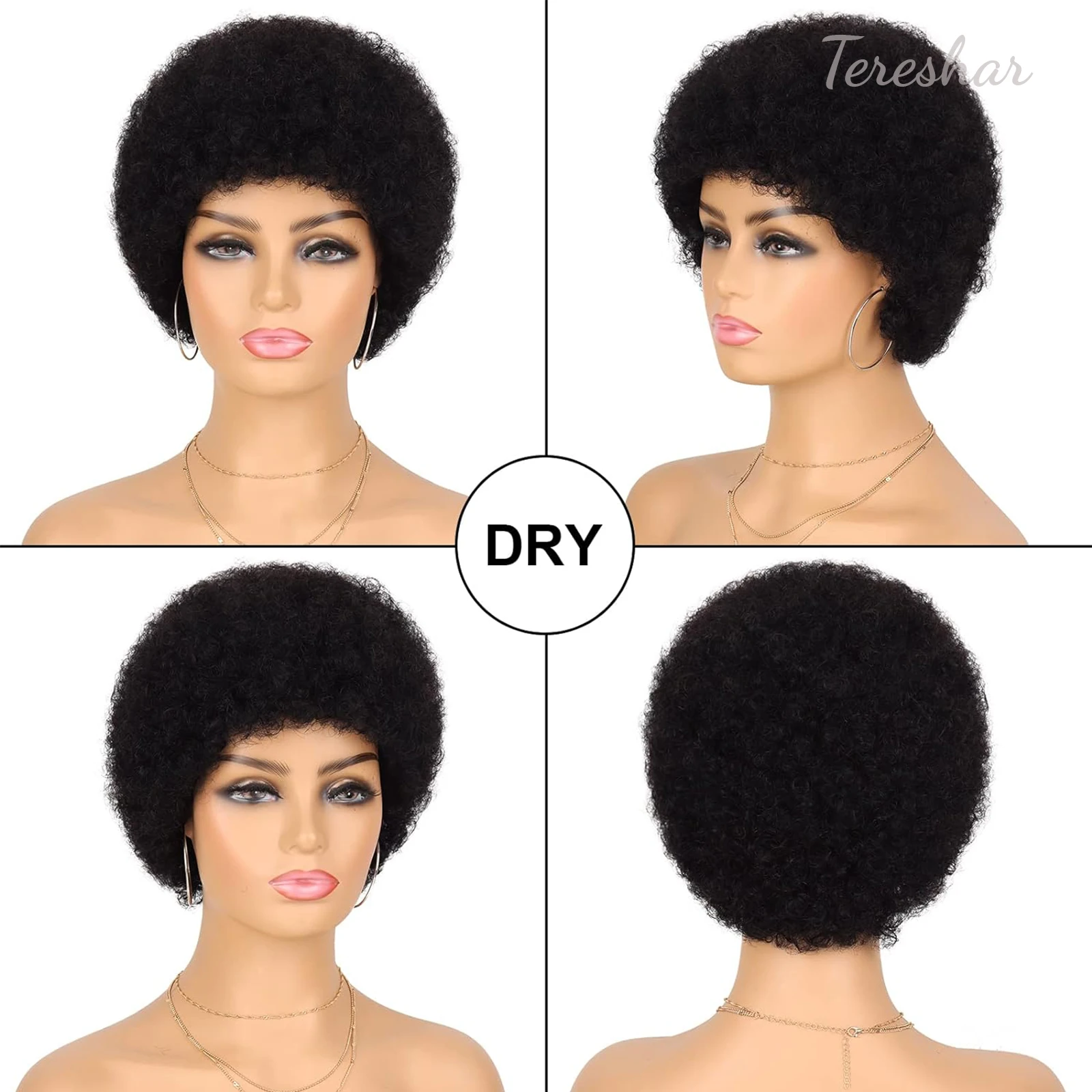 Tereshar Krótka Afro Kręcone Ludzkie Włosy Peruka dla Czarnych Kobiet Peruki Afro Kinky Afro 70s Afro Puff Peruka z Grzywką Peruki Wykonane Maszynowo