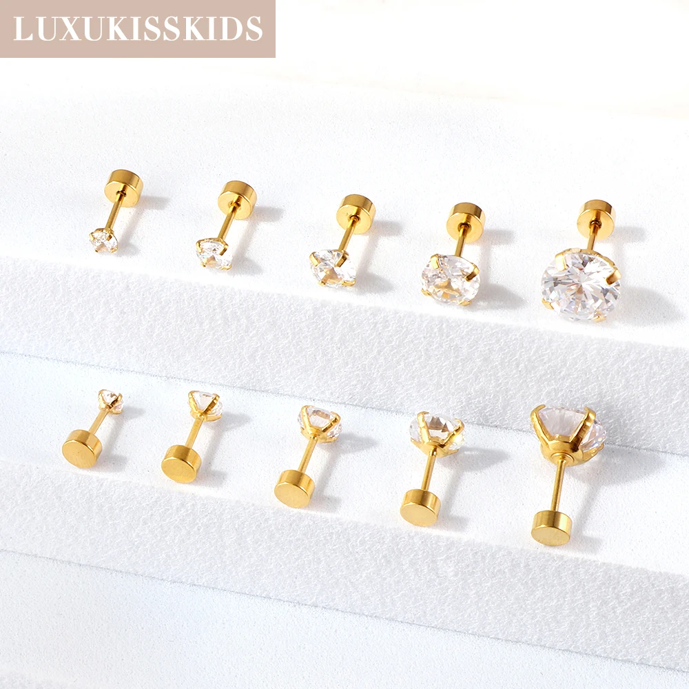 LUXUKISSKIDS Earrings Man 3-8MM Shiny Clearly Cubic Zirconia Piercing For Woman/Girls Surgical Steel Silver/Gold Color серьги