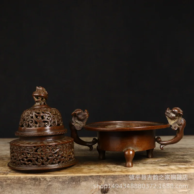 Pure Copper Chilong Ear Wrapped Lotus Three-Legged Home Living Room Ornament Brass Incense Burner Decoration Craf