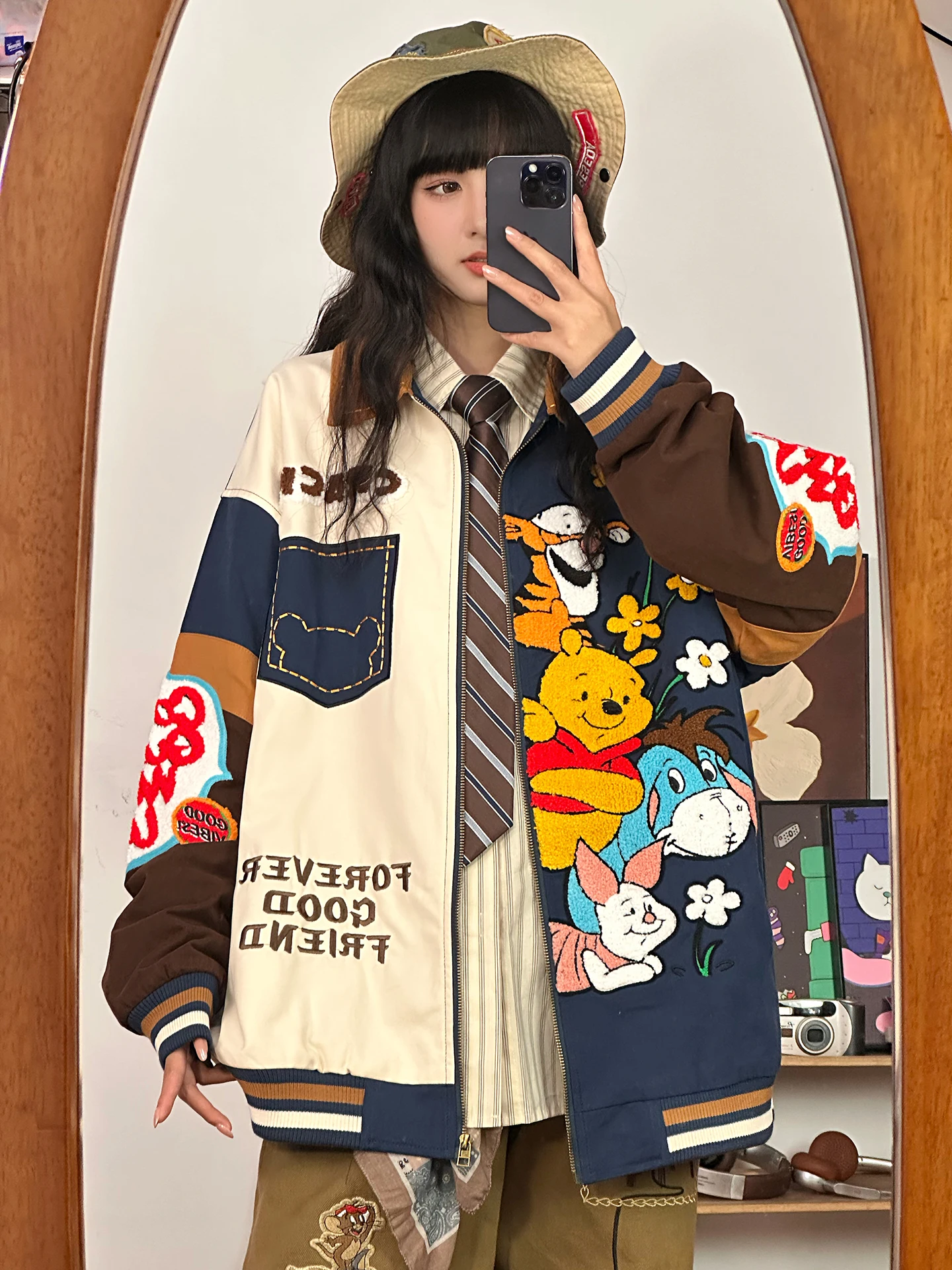 

Vine Bear American Retro Patchwork Jaet Women's Loose Casual Top Trendy Street Sle Cotton Long Sve Zipper Closure