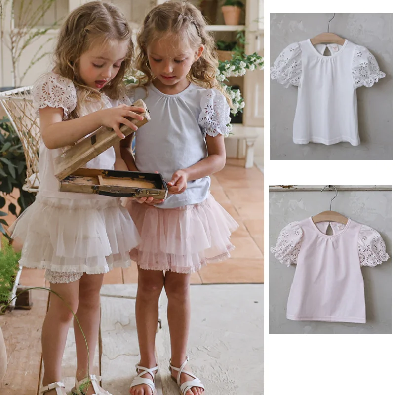 Girls' T-Shirt 2026 Summer New Arrival: Embroidered Lace-Up Fashionable and Cute Kids' Short-Sleeve Cotton Puff-Sleeve T-Shirt