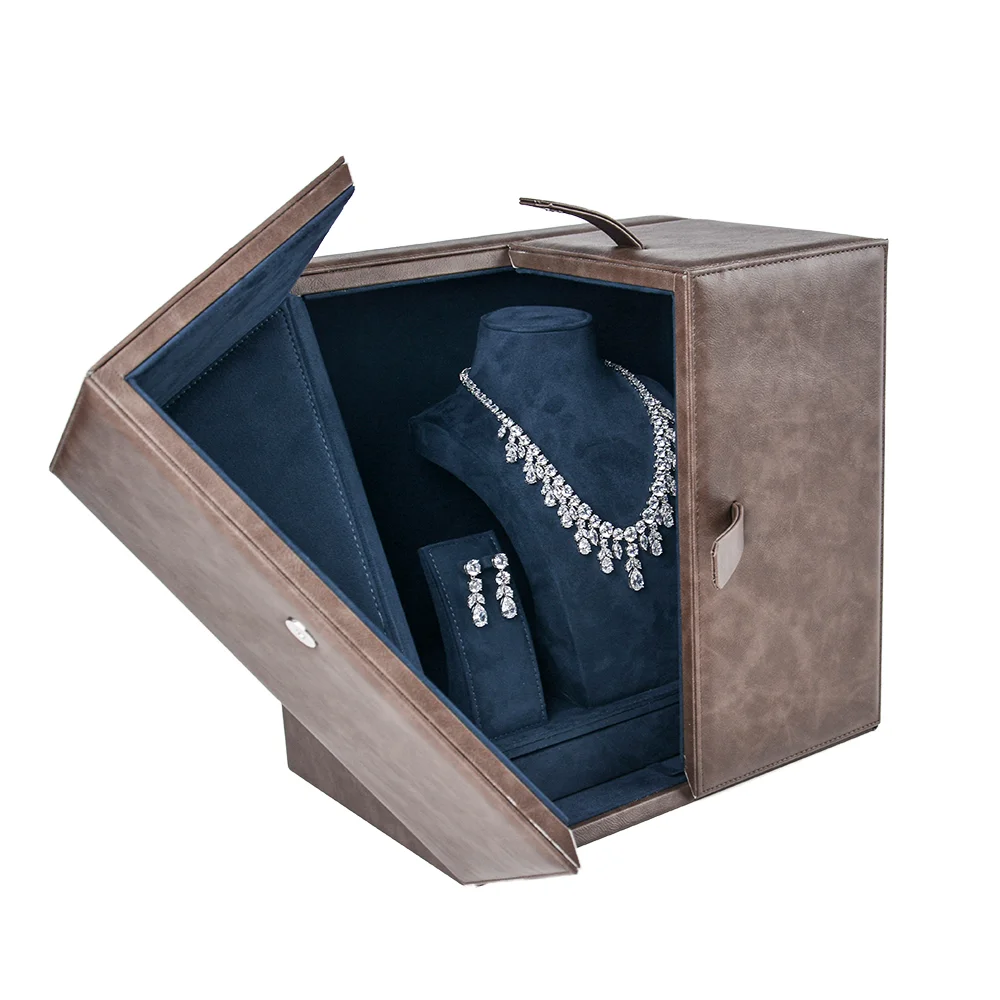 

Rectangle Luxury PU Leather Wooden Jewelry Storage Box for Necklace Ring Earring Bracelet Organizer with Custom Logo