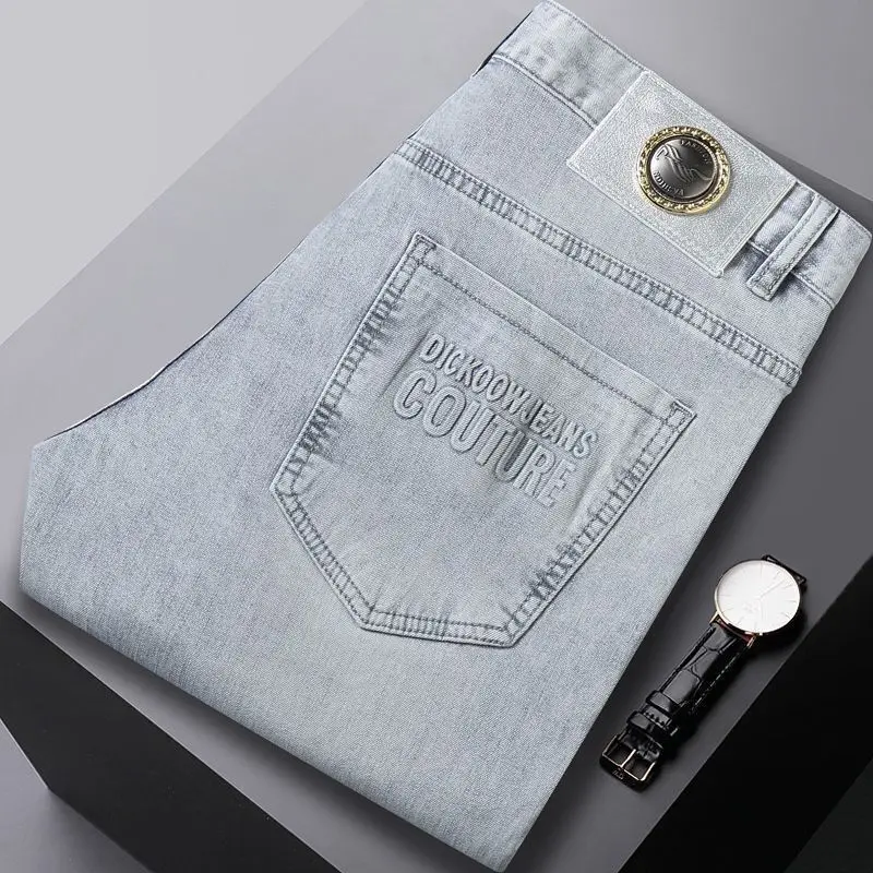 Verão calças de brim finas denim street wear masculino na moda versátil em linha reta elástica calças casuais na moda marca 2025 novas calças lavadas
