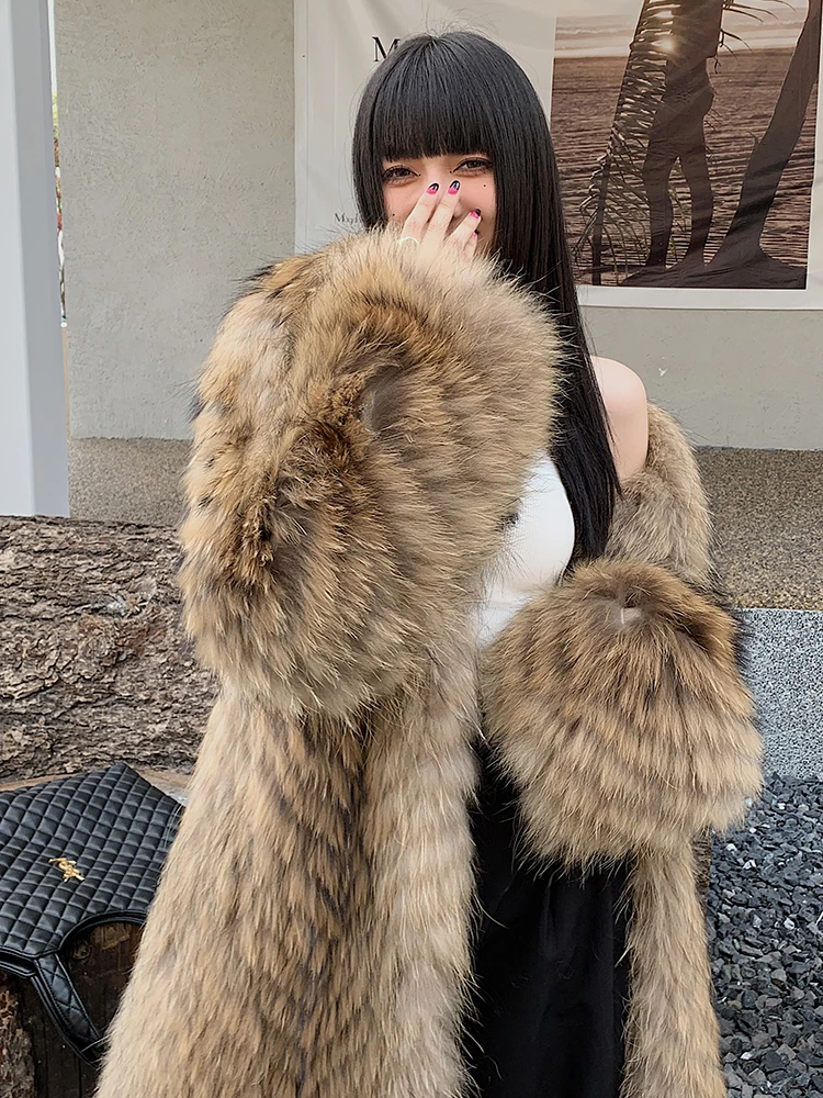 ANNSIRGRA Luxury Clothes Winter New Imported Raccoon Fur Coat Women\'s X-Long Natural Fluffy Fur Jacket Ladies Fashion Streetwear