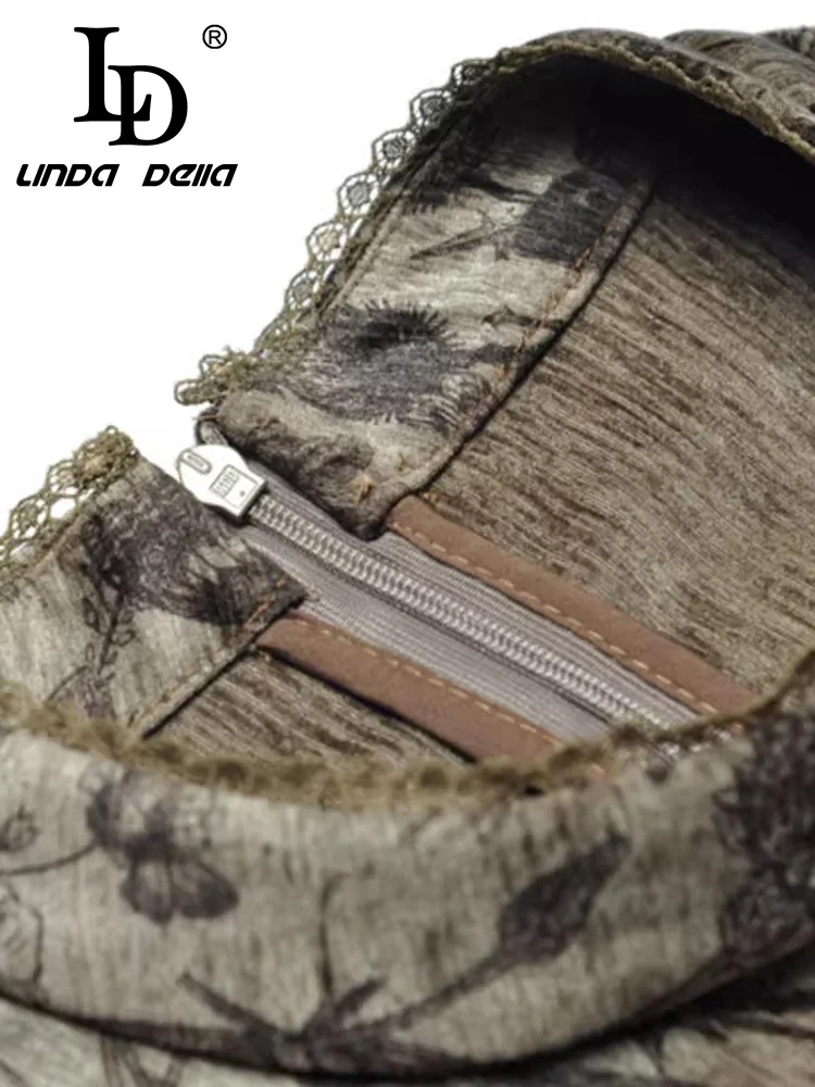 فستان نسائي صيفي أنيق من LD LINDA DELLA بياقة واقفة وأكمام طويلة ورباط علوي وجيب نحيف ومطبوع بفيونكة فساتين متأرجحة كبيرة