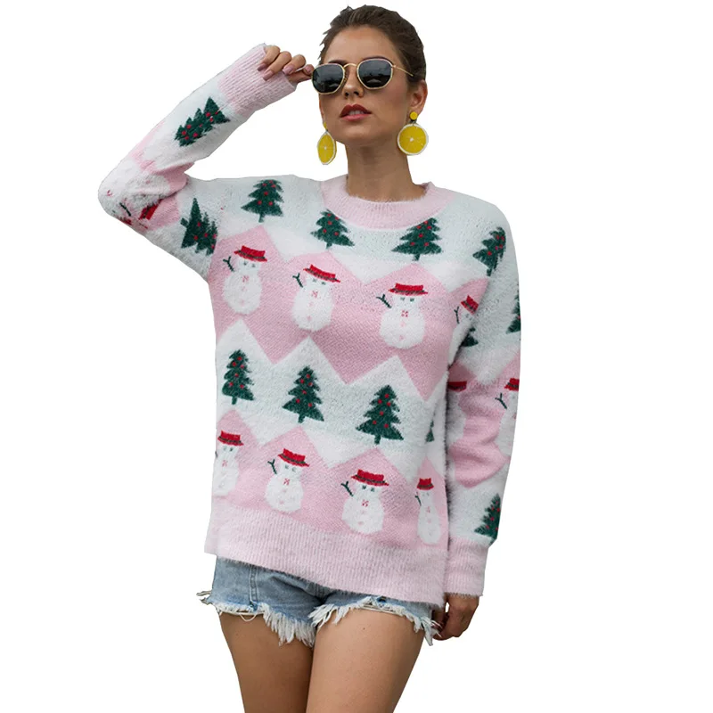 Pull de Noël brodé à col rond pour femmes, pull européen et américain, arbre de Noël, bonhomme de neige, Kint Y-2023