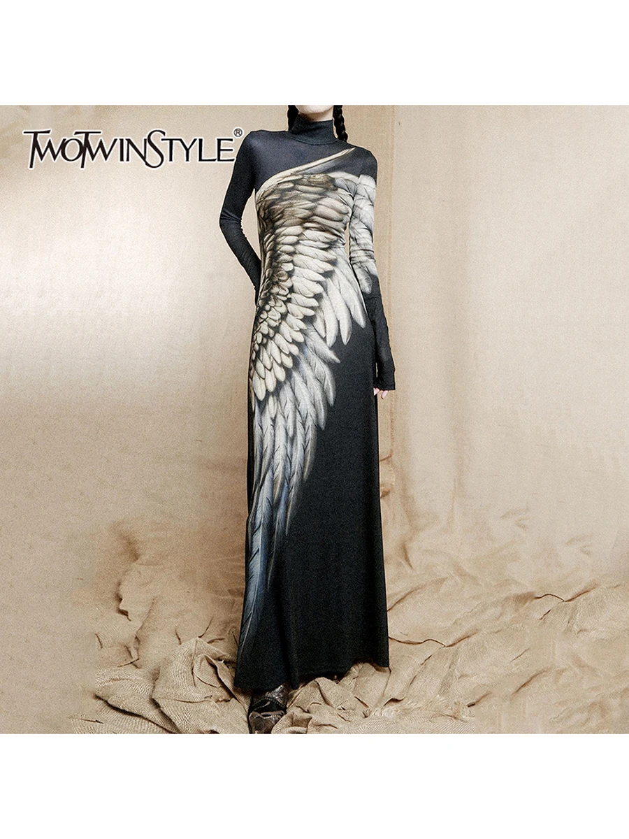 

TWOTWINSTYLE Hit Color Slimming Dresses For Women High Collar Long Sleeve High Waist Designer Chic Dress Female Fashion Style
