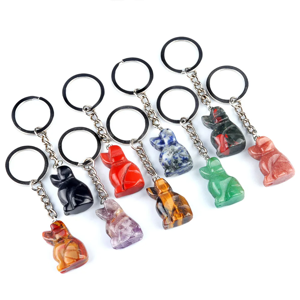 10pcs Carving Little Dog Stone Key Rings Chakra Gem Animal Puppy Charms Keychains Healing Crystal Keyrings for Women Men